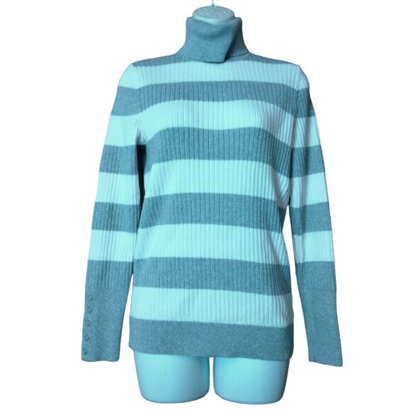 Talbots Women's Small Striped Gray and White Sparkle Ribbed Turtleneck Sweater - Picture 1 of 4